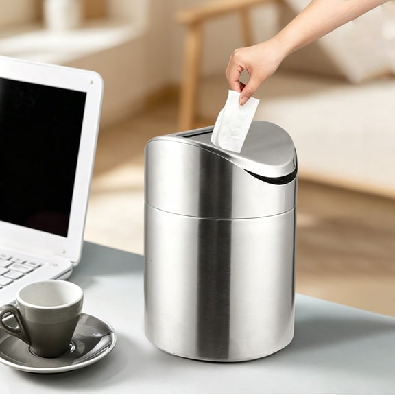 Stainless Steel Mini Trash Can with Lid, Small Desktop Wastebasket for Office Desk, Countertop Garbage Bin for Car Ashtray, Home Coffee Table, Bedroom Bathroom Compact Canister