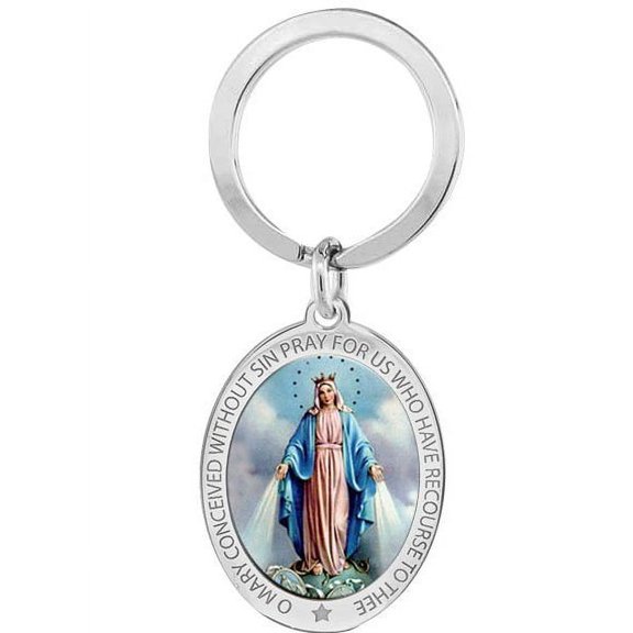 Stainless Steel Miraculous Medal Religious Engravable Keychain - 3/4 Inch X 1 Inch - Stainless Steel