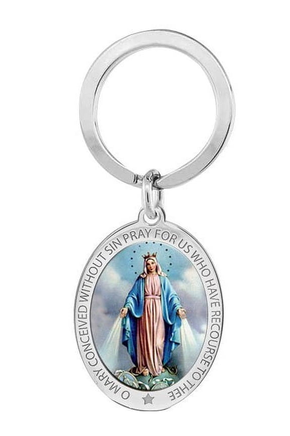 Stainless Steel Miraculous Medal Religious Engravable Keychain - 3/4 Inch X 1 Inch - Stainless Steel