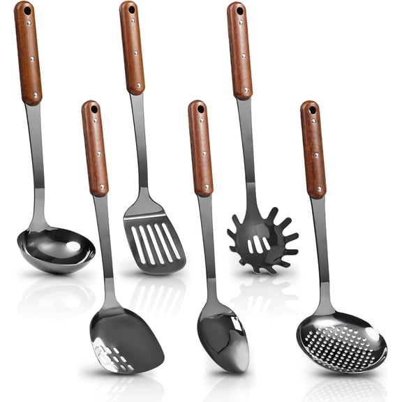 Stainless Steel Mirror Polished Kitchen Utensils Set - 6pcs Cooking Utensils Set with Wooden Handle, Heat Resistant Kitchen Tool Set for Cooking with Turners,Spatula,Ladle,Skimmer,Solid Spoon,Pasta