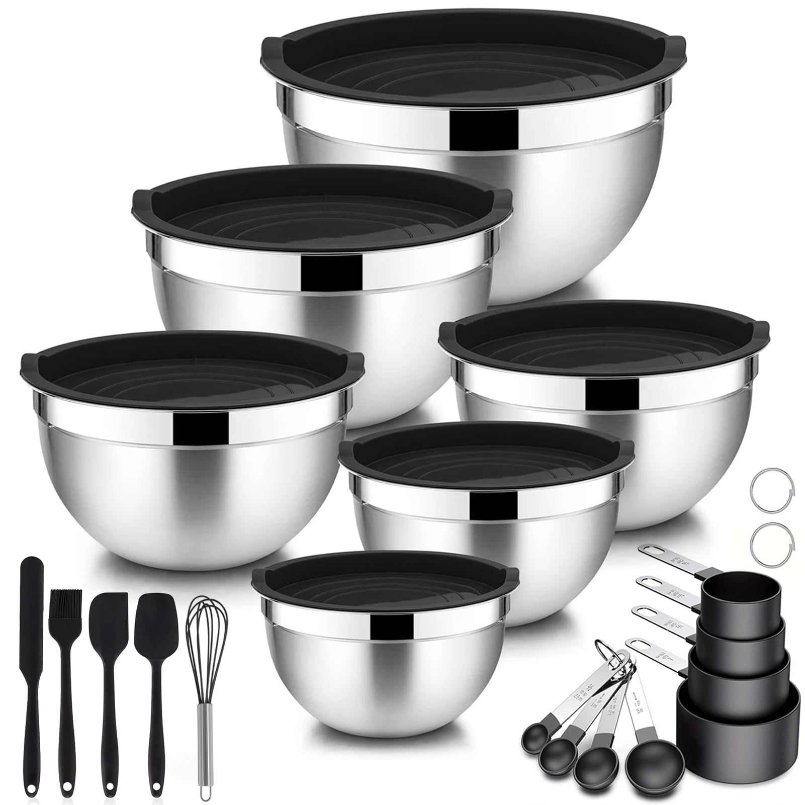 Stainless Steel Mixing Bowls with Lids, 20Pcs Stainless Steel Bowls Set and Food Prep Set, Black Size 7, 4, 2.5, 2.0,1.5, 1QT, Great for Mixing & Serving