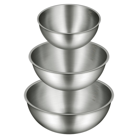 Stainless Steel Mixing Bowls Set of 3 (1.5, 2.2 & 3.4 Qt) – Food Grade 304, Thicker-Gauge, Stackable Nesting – Classic Everyday Set for Baking, Salad Prep & Cooking