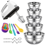 TINANA 7-Speed Electric Hand Mixer, 5 PCS Mixing Bowls Set, Metal Nesting Storage Bowls for Kitchen, Size 7, 4, 3.5, 2.5, 2 QT, Great for Prep, Baking, Serving