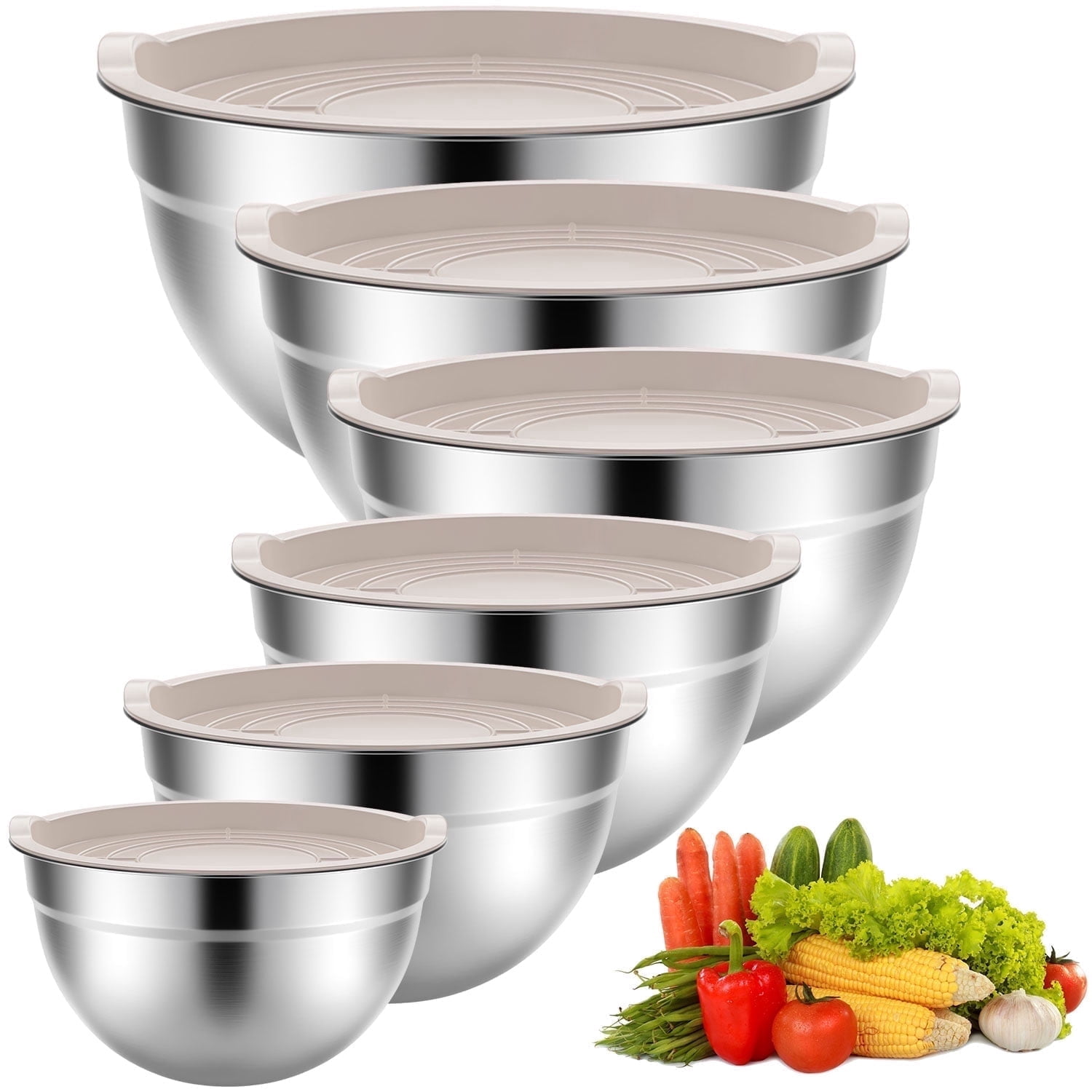 Stainless Steel Mixing Bowls Set, TINANA 6 Pack Mixing Bowls with Lids, Metal Nesting Storage Bowls for Kitchen, 4.5/3/2.5/2/1.5/0.75QT, Great for Prep, Baking, Serving, Khaki - Walmart.com