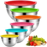Stainless Steel Mixing Bowls Set, TINANA 6 Pack Mixing Bowls with Lids, Metal Nesting Storage Bowls for Kitchen, 4.5/3/2.5/2/1.5/0.75QT, Great for Prep, Baking, Serving, Multicolor