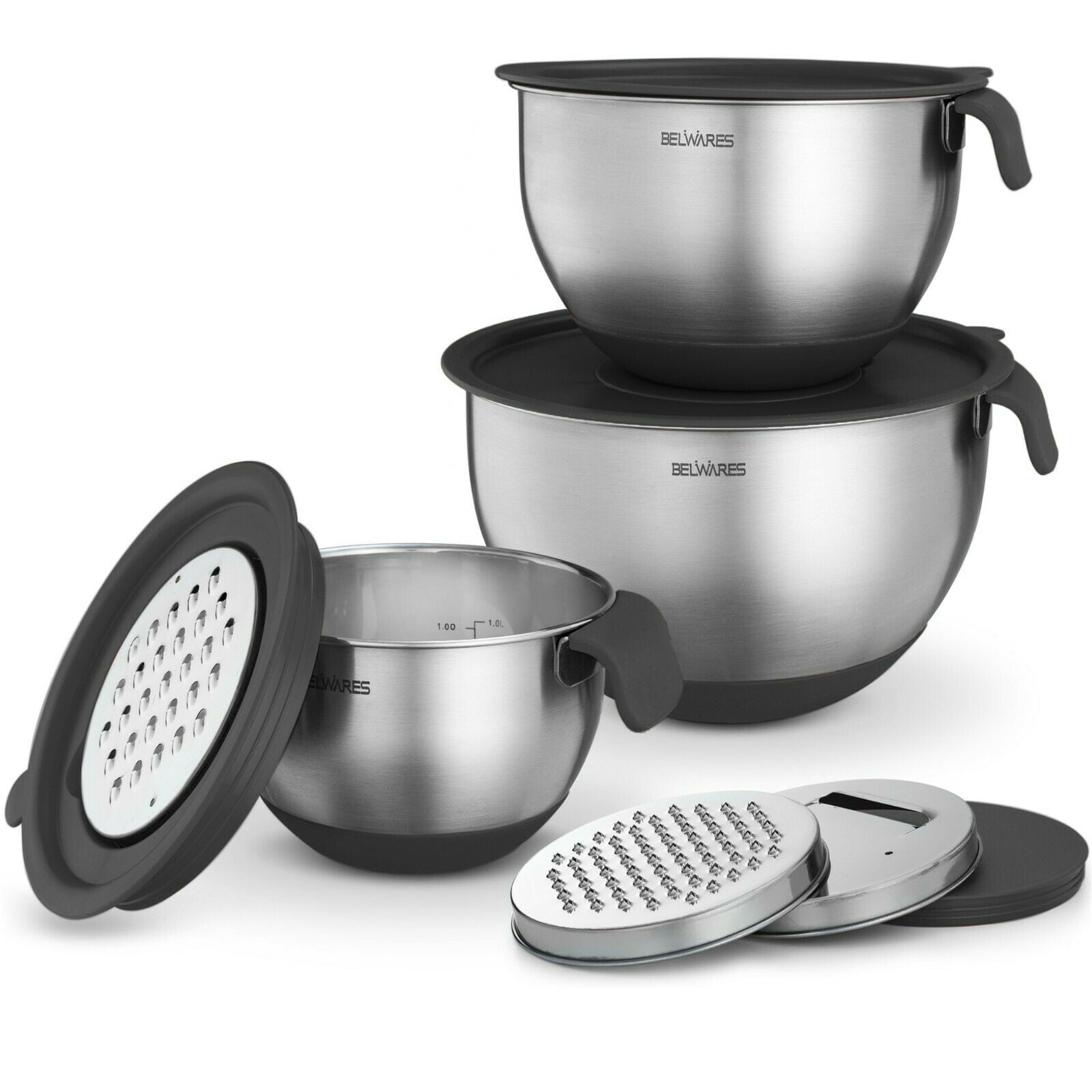 Black Stainless Steel Mixing Bowls Set with Lids and Graters
