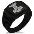 thumbnail image 1 of Stainless Steel Mjolnir Thor's Black Skull Hammer CZ Ribbed Needle Stripe Pattern Biker Style Polished Ring, 1 of 1