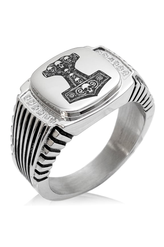 Stainless Steel Mjolnir Thor's Black Skull Hammer CZ Ribbed Needle Stripe Pattern Biker Style Polished Ring