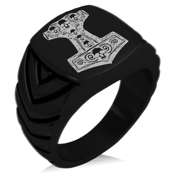 Tioneer Stainless Steel Mjolnir Thor's Black Skull Hammer Chevron Pattern Biker Style Polished Ring