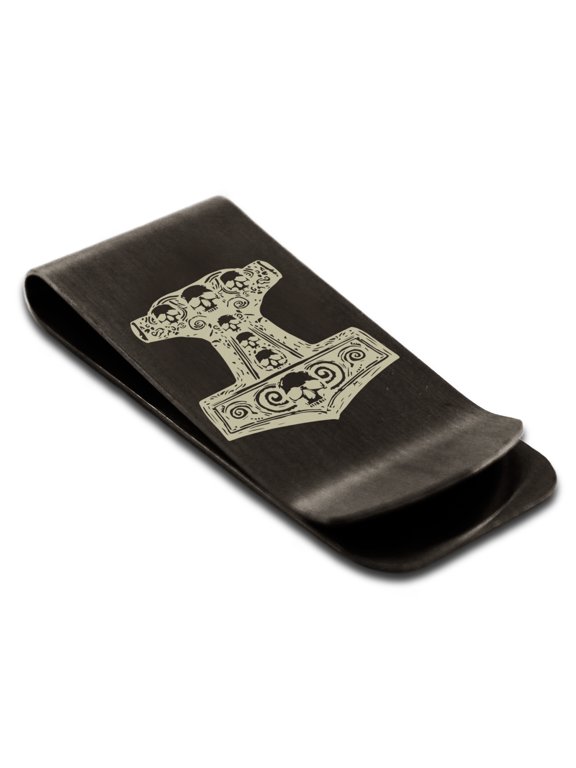 Stainless Steel Mjolnir Thor's Black Skull Hammer Engraved Money Clip Credit Card Holder
