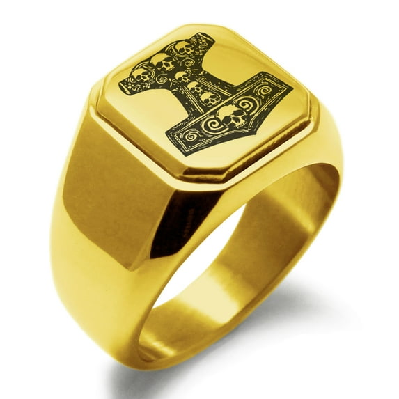 Tioneer Stainless Steel Mjolnir Thor's Black Skull Hammer Engraved Square Flat Top Biker Style Polished Signet Ring