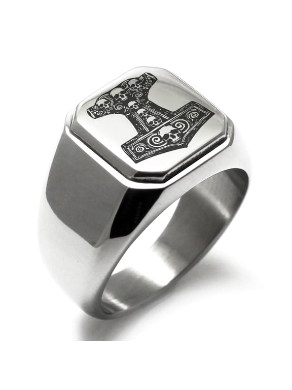 Stainless Steel Mjolnir Thor's Black Skull Hammer Engraved Square Flat Top Biker Style Polished Signet Ring