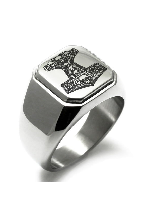 Stainless Steel Mjolnir Thor's Black Skull Hammer Engraved Square Flat Top Biker Style Polished Signet Ring