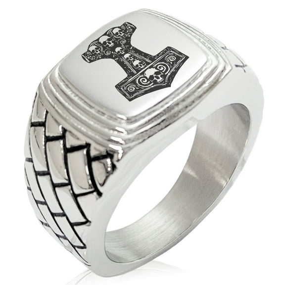 Stainless Steel Mjolnir Thor's Black Skull Hammer Geometric Pattern Step-Down Biker Style Polished Ring