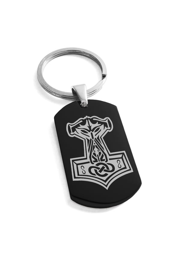 Stainless Steel Mjolnir Thor's Hammer Viking Norse Engraved Dog Tag Keychain Keyring