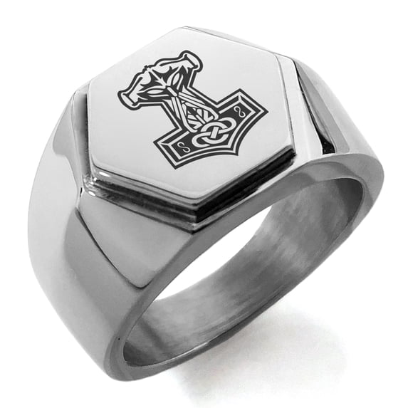 Stainless Steel Mjolnir Thor's Hammer Viking Norse Engraved Hexagon Crest Flat Top Biker Style Polished Ring