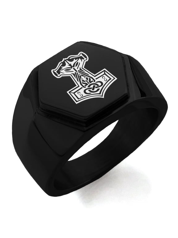 Stainless Steel Mjolnir Thor's Hammer Viking Norse Engraved Hexagon Crest Flat Top Biker Style Polished Ring