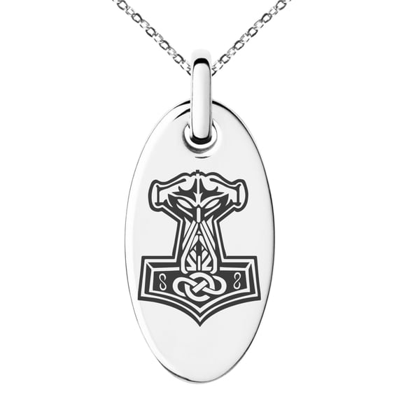 Stainless Steel Mjolnir Thor's Hammer Viking Norse Engraved Small Oval Charm Pendant Necklace