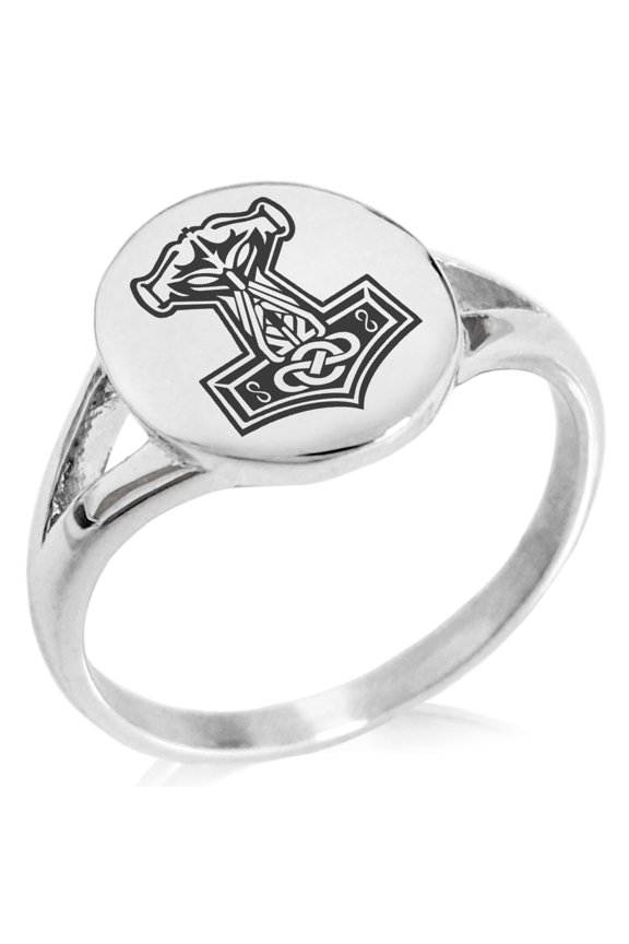 Stainless Steel Mjolnir Thor's Hammer Viking Norse Minimalist Oval Top Polished Statement Signet Ring