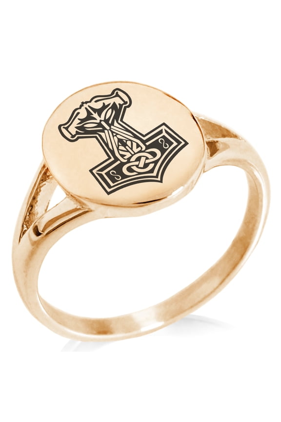 Stainless Steel Mjolnir Thor's Hammer Viking Norse Minimalist Oval Top Polished Statement Signet Ring