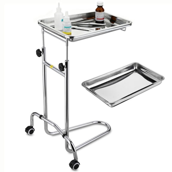 Stainless Steel Mobile Mayo Stand with 2 Trays on Wheels Adjustable for Hospital Dental Salon