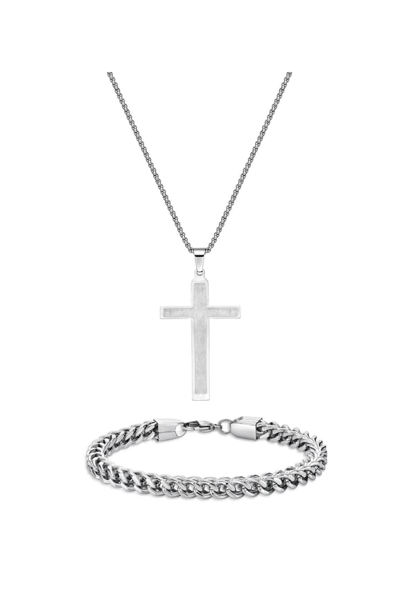 Stainless Steel Modern Cross Pendant with Thick Curb Boxed Set - 6 MM Wide, 9 In