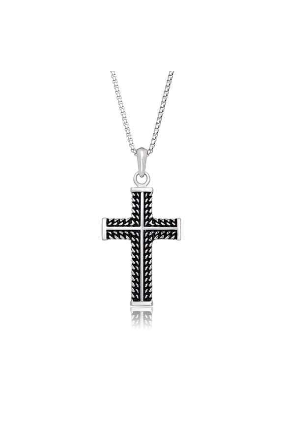 Stainless Steel Modern Pattern Cross Pendant - 24 Inch Round Box Chain
