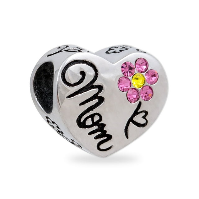 Stainless Steel Mom Crystal Heart Charm