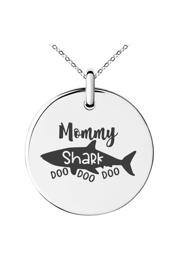 Stainless Steel Mommy Shark Small Medallion Circle Charm Pendant Necklace