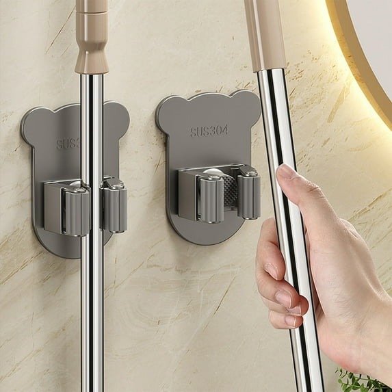 Stainless Steel Mop Holder 304 | Heavy Duty No-Drill Wall Mount Organizer | Seamless Punch-Free Bathroom Mop Stand | Anti-Slip , 9.7x7.2x5.8cm, Modern Space-Saving Storage Solution
