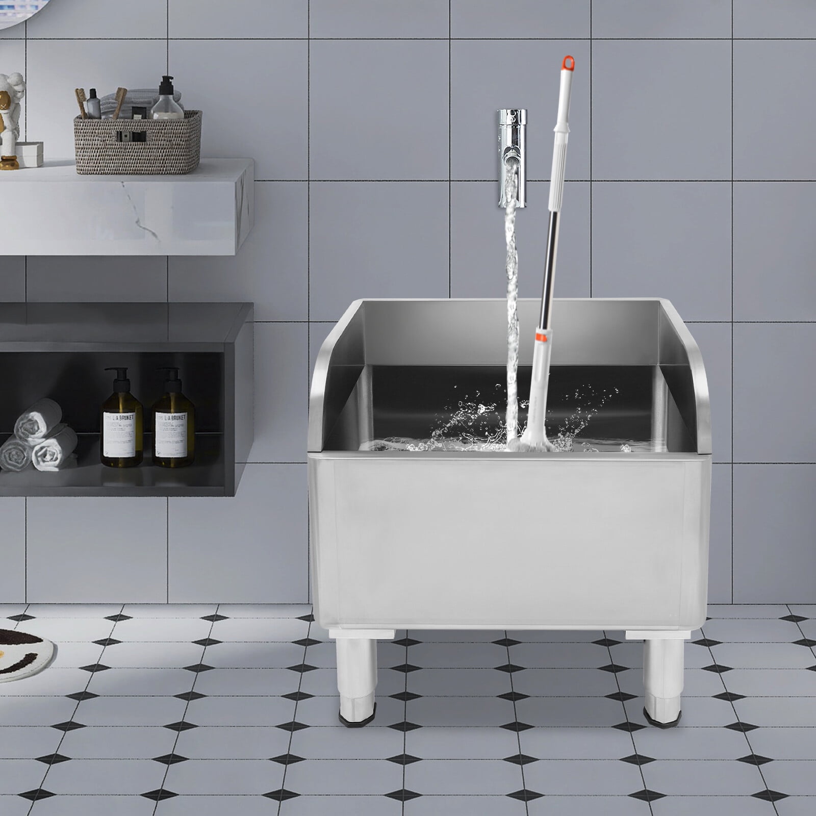 Stainless Steel Mop Sink, 23.6" Commercial Utility Sink for Laundry Room & Garage with Splash Guard, Fast Drain & 220LB Capacity, Floor-Mounted Janitorial Sink for Residential & Commercial Use