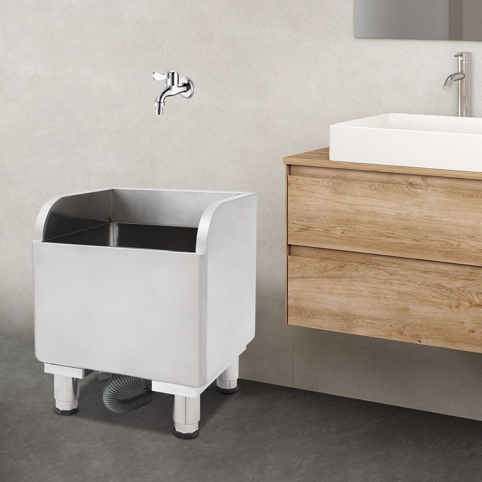 Stainless Steel Mop Sink, 45x41x50cm Utility Sink Laundry Tub with 10cm Legs, Freestanding Large Drain Basin for Cleaning