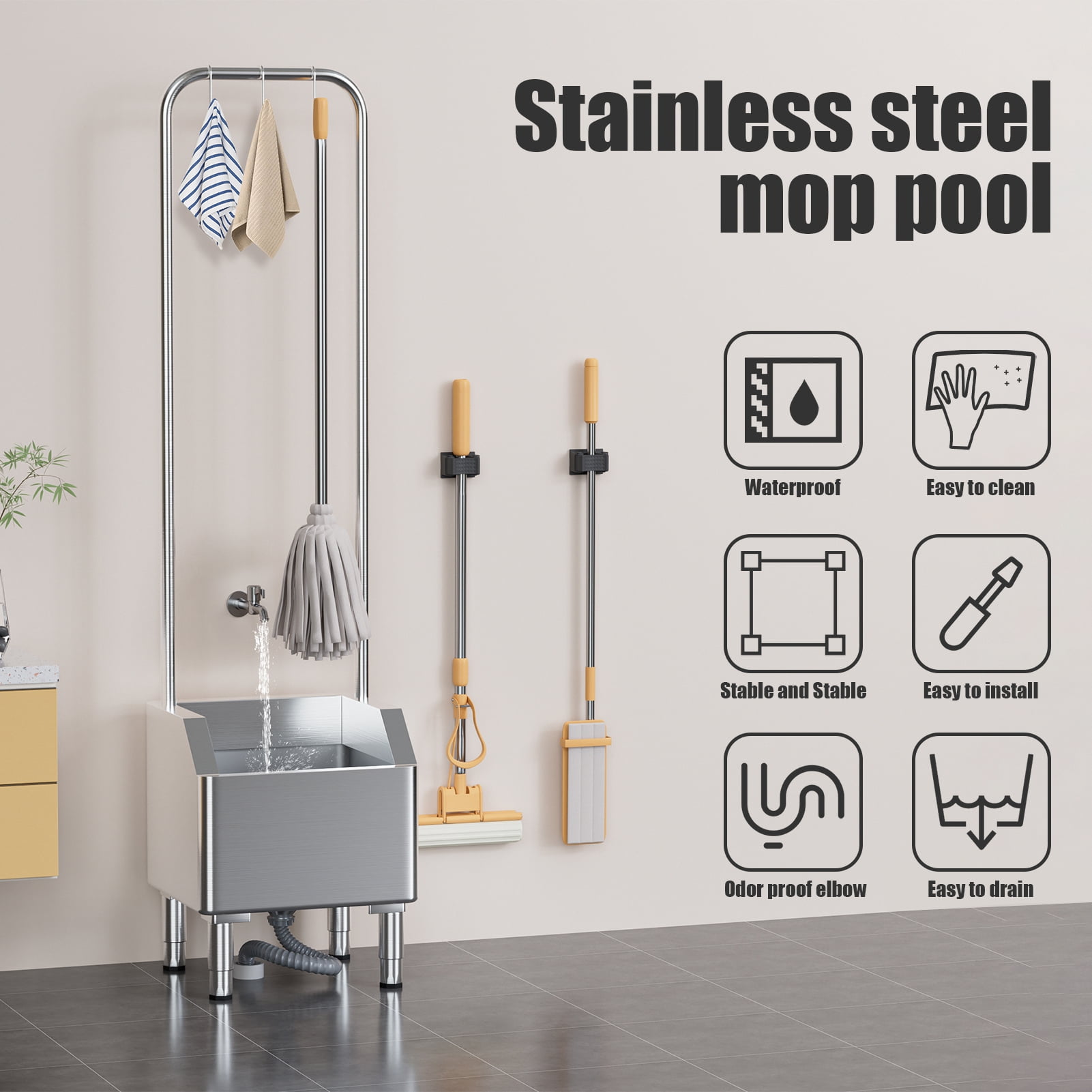 Stainless Steel Mop Sink with Extended Elevated Rack, Commercial Utility Sink for Laundry Room, Kitchen, Restaurant, Overflow-Proof Reservoir, 15° Tilted Edge, 5 Hooks, 150kg Capacity