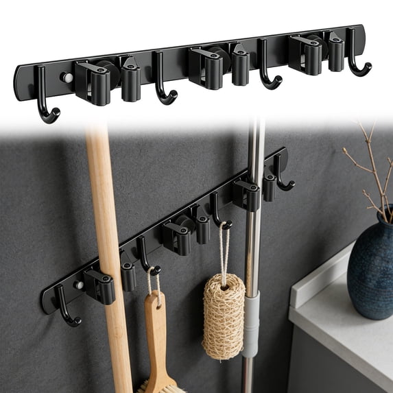 Stainless Steel Mop and Broom Holder, No Drill Wall Mounted Organizer, Utility Tool Rack for Kitchen & Garage