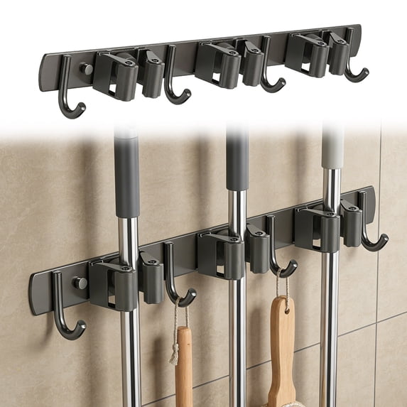 Stainless Steel Mop and Broom Holder, No Drill Wall Mounted Organizer, Utility Tool Rack for Kitchen & Garage