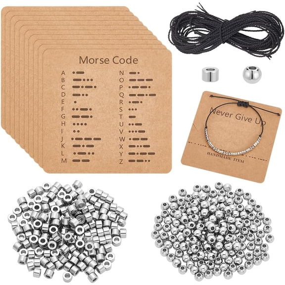 Stainless Steel Morse Code Bracelet Making Kit 200Pcs Round Spacer Beads 200Pcs Long Tube Beads 10Pcs Morse Code Decoding Card and Waxed Cord for DIY Bracelet Jewelry Making for DIY