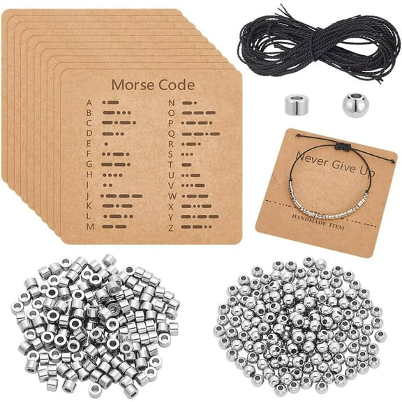Stainless Steel Morse Code Bracelet Making Kit 200Pcs Round Spacer Beads 200Pcs Long Tube Beads 10Pcs Morse Code Decoding Card and Waxed Cord