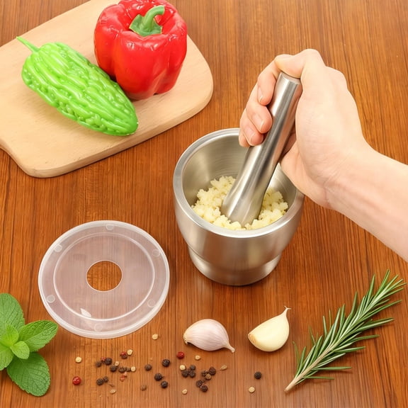 Stainless Steel Mortar and Pestle Set with Plastic Lid 4 Inch Manual Herb and Spice Crusher Pill Grinder Bowl with Nonslip Base for Pepper Ginger Garlic Nut