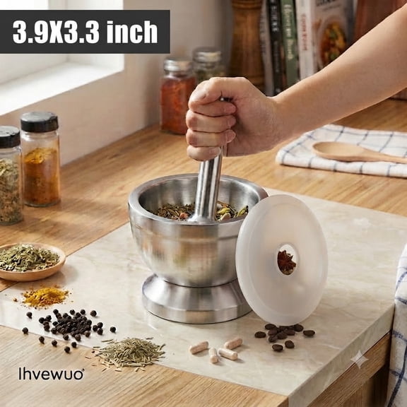 Stainless Steel Mortar and Pestle Set with Silicone Lid for Spices ...