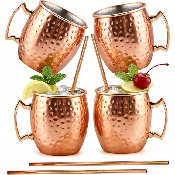 Stainless Steel Moscow Mule Mugs Set of 4, 16 OZ Hammered Copper Finish with Brass Handles, for Wine, Beer, Cold Drink, Bar, Party, Gifts