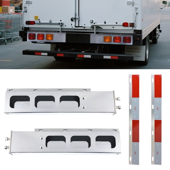 Stainless Steel Mud Flap Hanger Set with Rectangle Light Cutouts 2-1/2" Bolt Spacing 30" Length Rear Bar for Semi Trucks, 2.5" Bolt Spring Loaded with Aluminum Reflective Tapes
