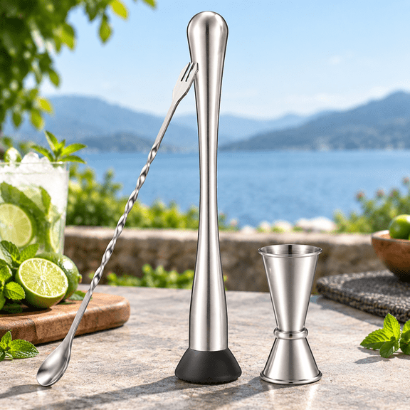 Stainless Steel Muddler for Cocktails, Mixing Spoon and Measuring Jigger, Professional Bar Tools, 10-inch Bar Muddler for Making Mojitos, Margaritas and Other Fruit Based Drinks