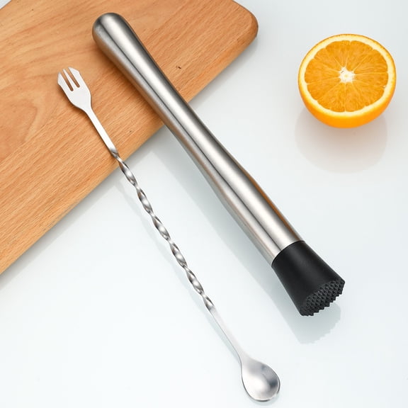 Stainless Steel Muddler And Mixing Spoon Home Bar Tool Set for Fruit Based Drinks Enhances Flavor And Texture Craft Bartending,25cmX3.5cmX2.5cm,Silver