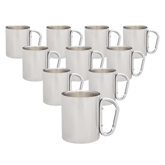 Stainless Steel Mugs with Carabiner Handle 10 oz. Set of 10, Bulk Pack - Perfect for Coffee, Soda, Other Hot & Cold Beverages - Silver