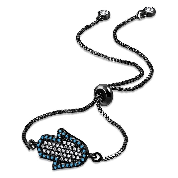Stainless Steel Multi-Color CZ Hamsa Adjustable Chain Bracelet - Black