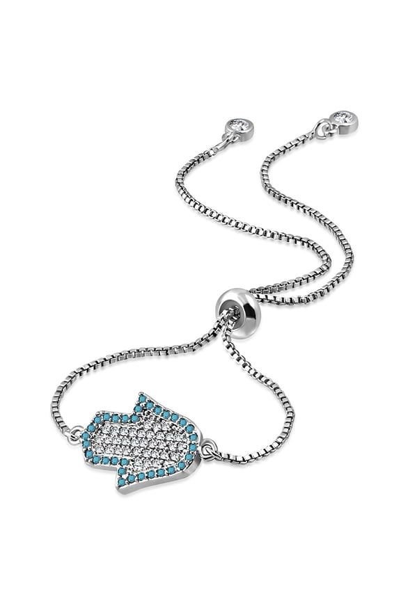 Stainless Steel Multi-Color CZ Hamsa Adjustable Chain Bracelet - Silver-Tone