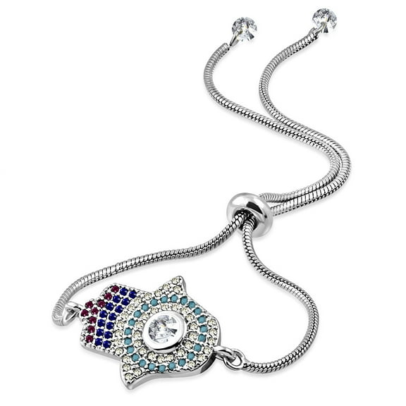 Stainless Steel Multi-Color CZ Hamsa Adjustable Snake Chain Bracelet - Silver-Tone