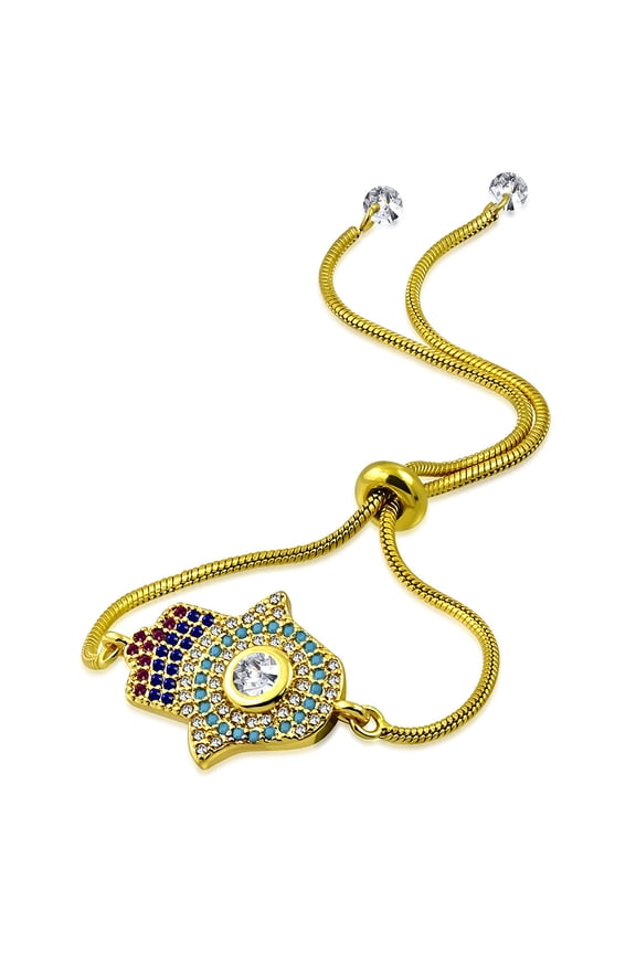 Stainless Steel Multi-Color CZ Hamsa Adjustable Snake Chain Bracelet - Yellow Gold-Tone