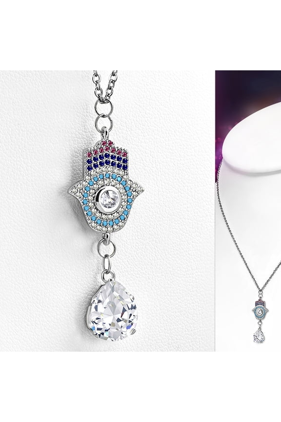 Stainless Steel Multi-Color CZ Womens Hamsa Protection Pendant Necklace - Silver Tone