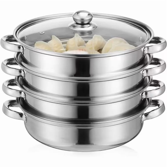 Stainless Steel Multi-Layer Steamer with Glass Lid, 3/4/5 Tier Stackable Steamer Pot for Induction Cooktop, Dishwasher Safe for Seafood Vegetables and Dim Sum